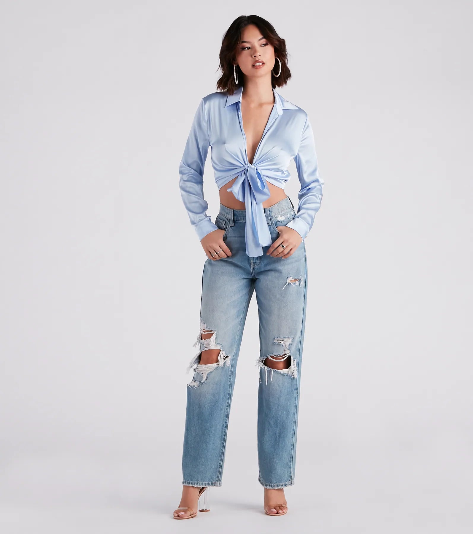 So Sleek Satin Tie-Front Blouse