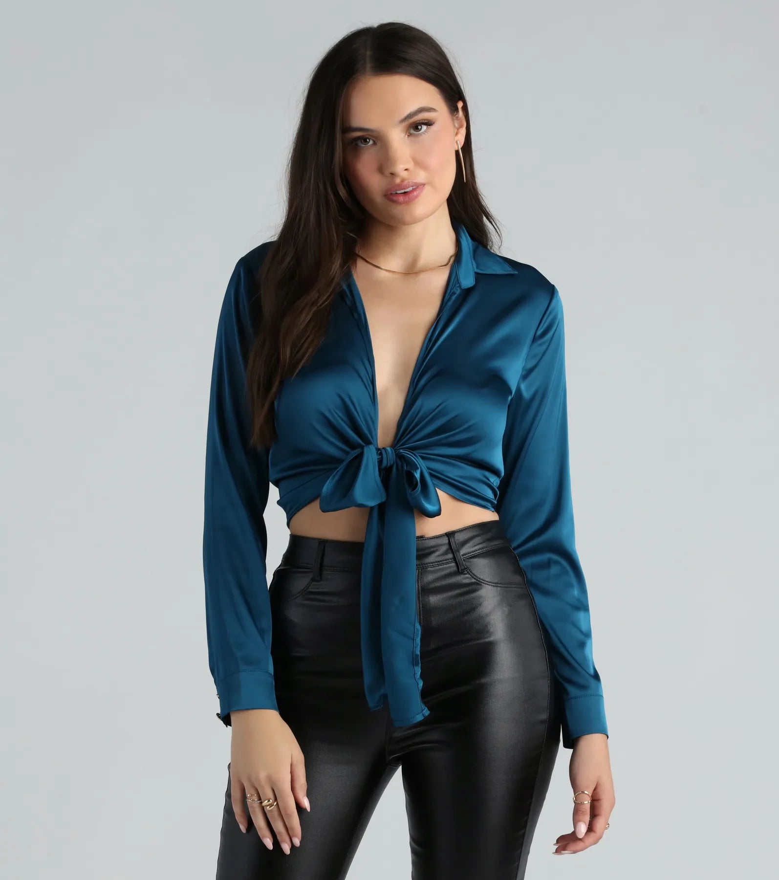 So Sleek Satin Tie-Front Blouse