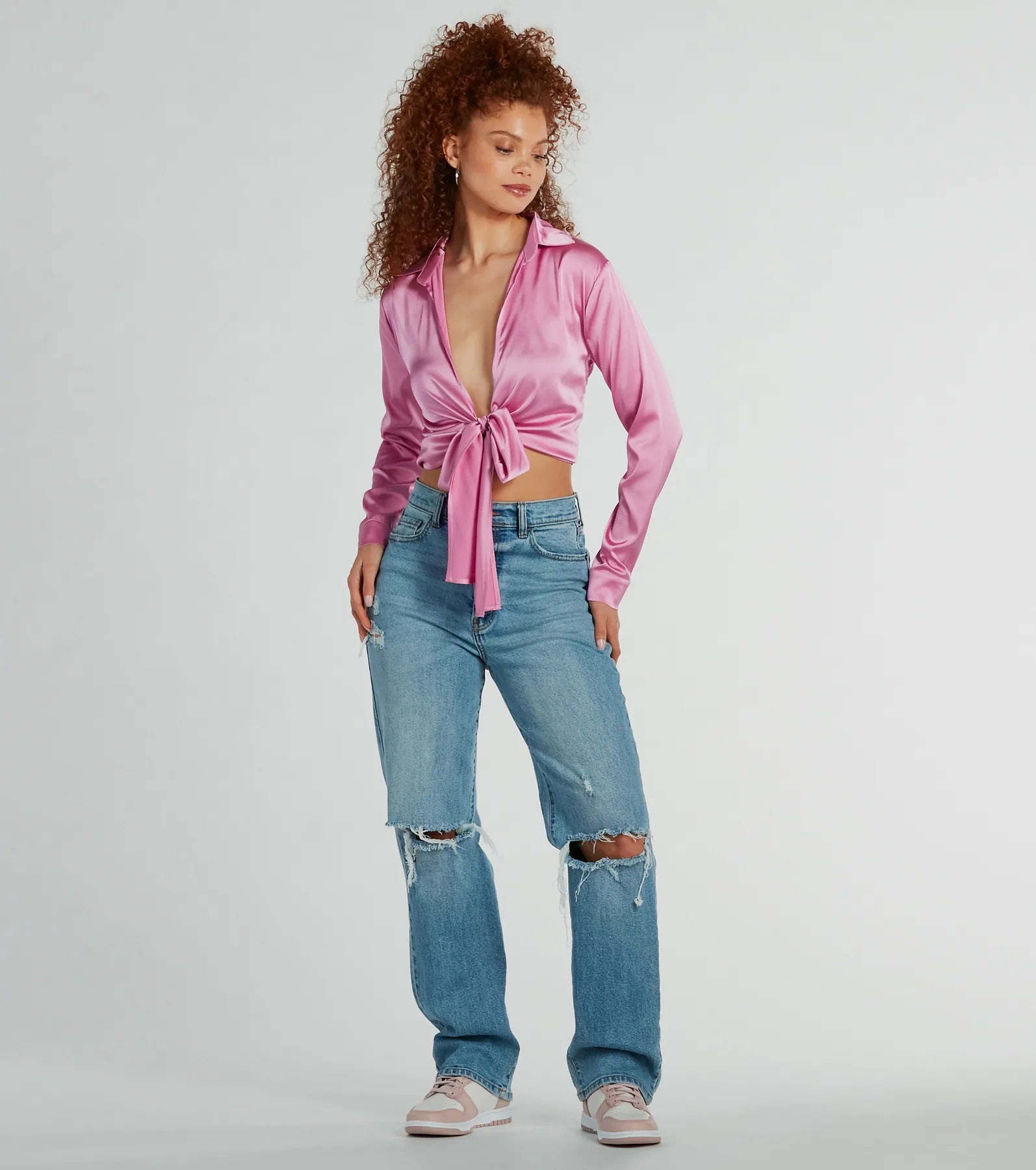 So Sleek Satin Tie-Front Blouse