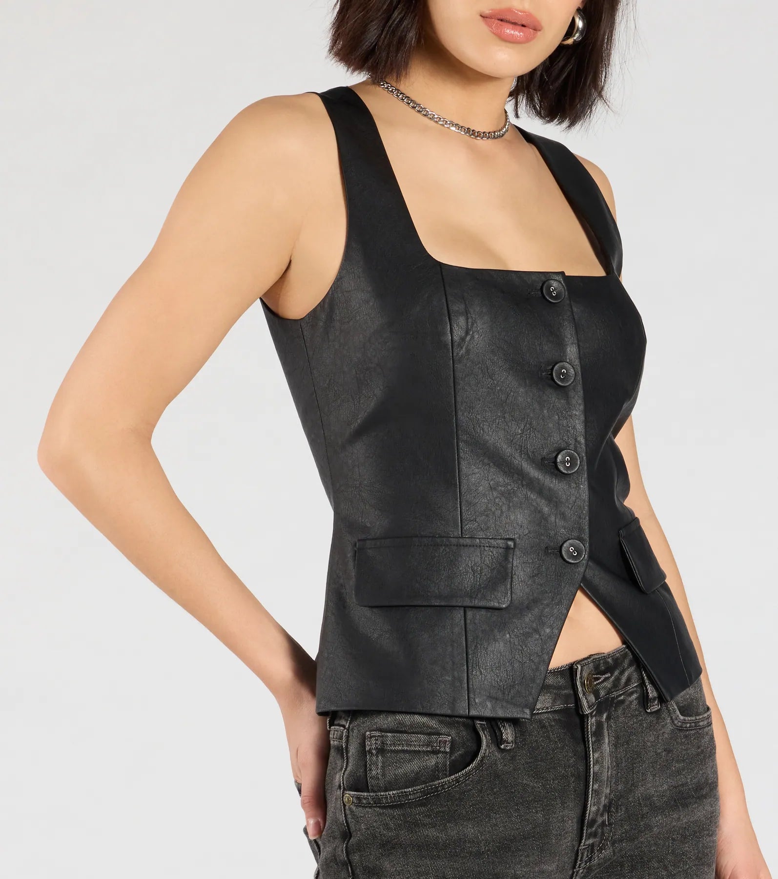 Fashionable Edge Button Down Faux Leather Vest