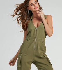 On The Hit List Halter Cargo Jogger Denim Jumpsuit