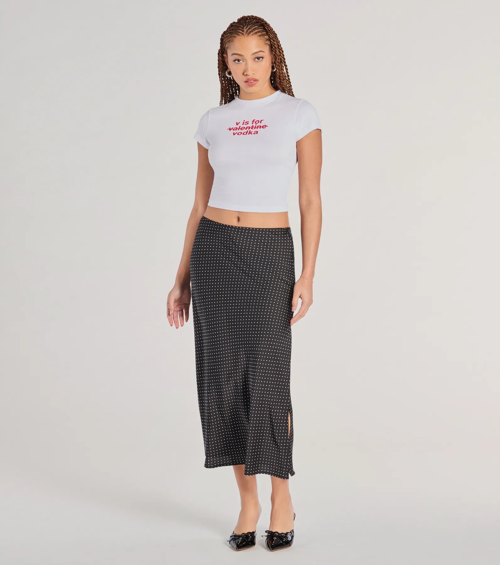 There She Goes High-Rise Slit Polka Dot Satin Midi Skirt