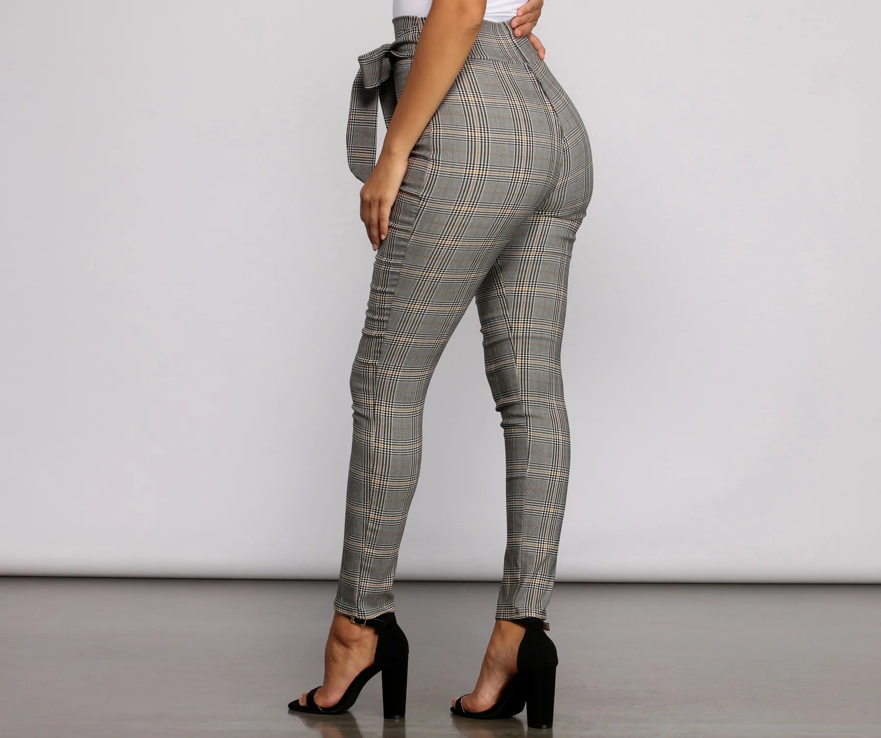 Poised In Plaid Tie Waist Skinny Pants