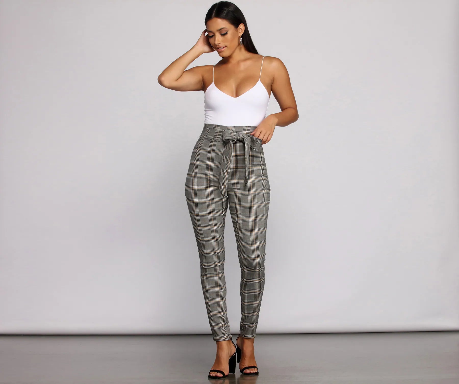 Poised In Plaid Tie Waist Skinny Pants