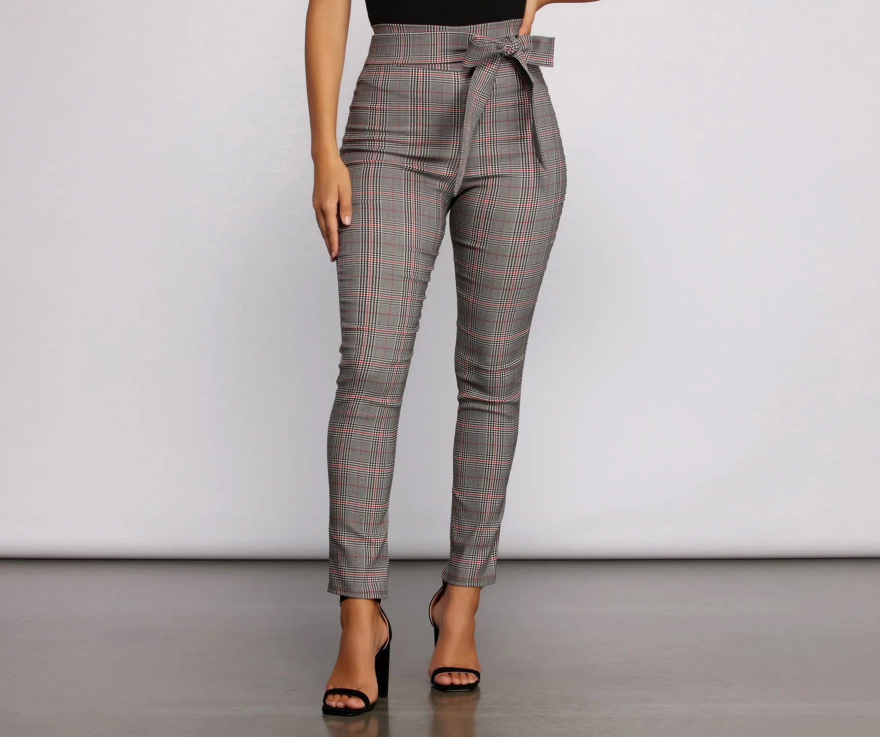 Poised In Plaid Tie Waist Skinny Pants