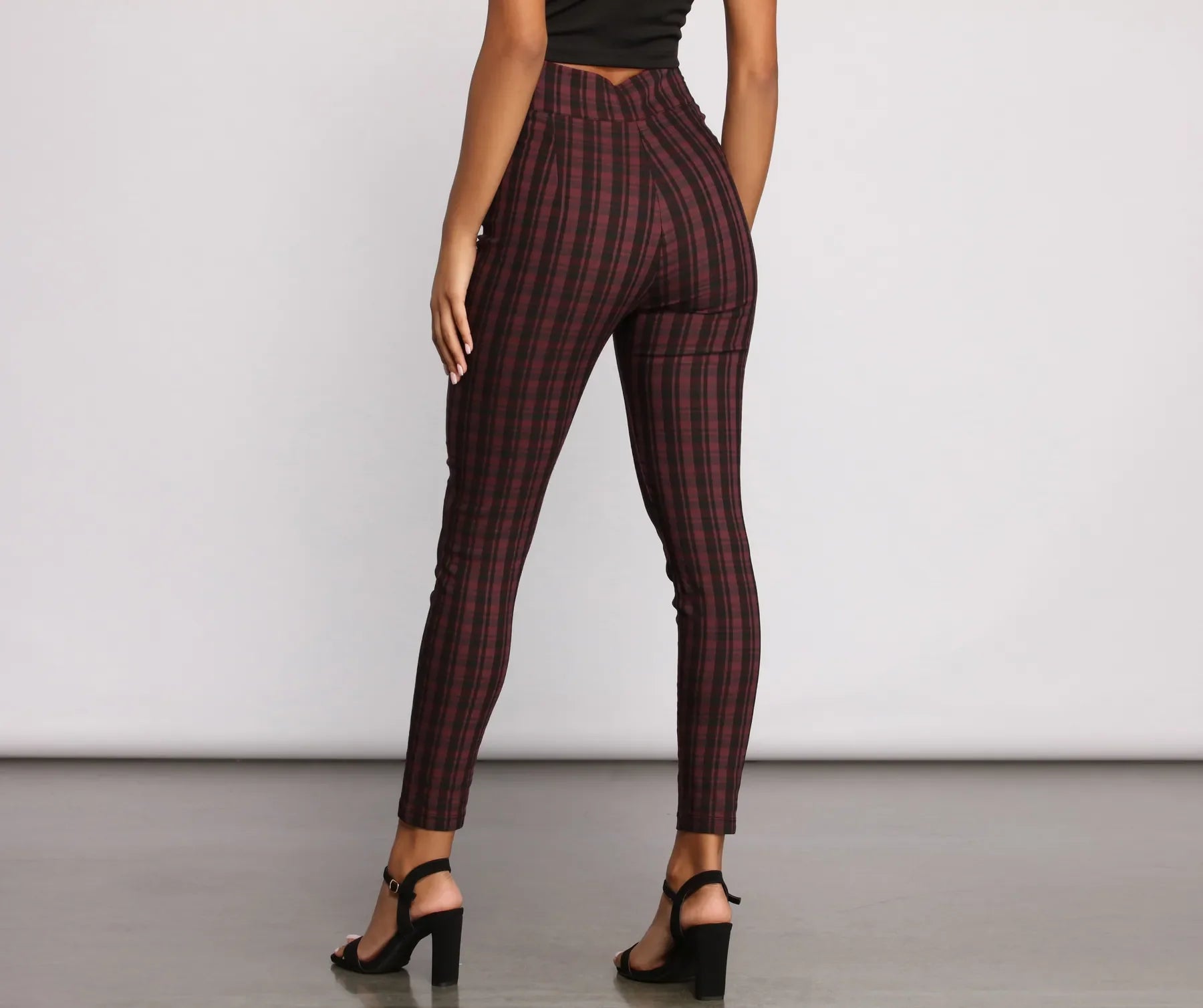 High Waist Snap Front Plaid Skinny Pants