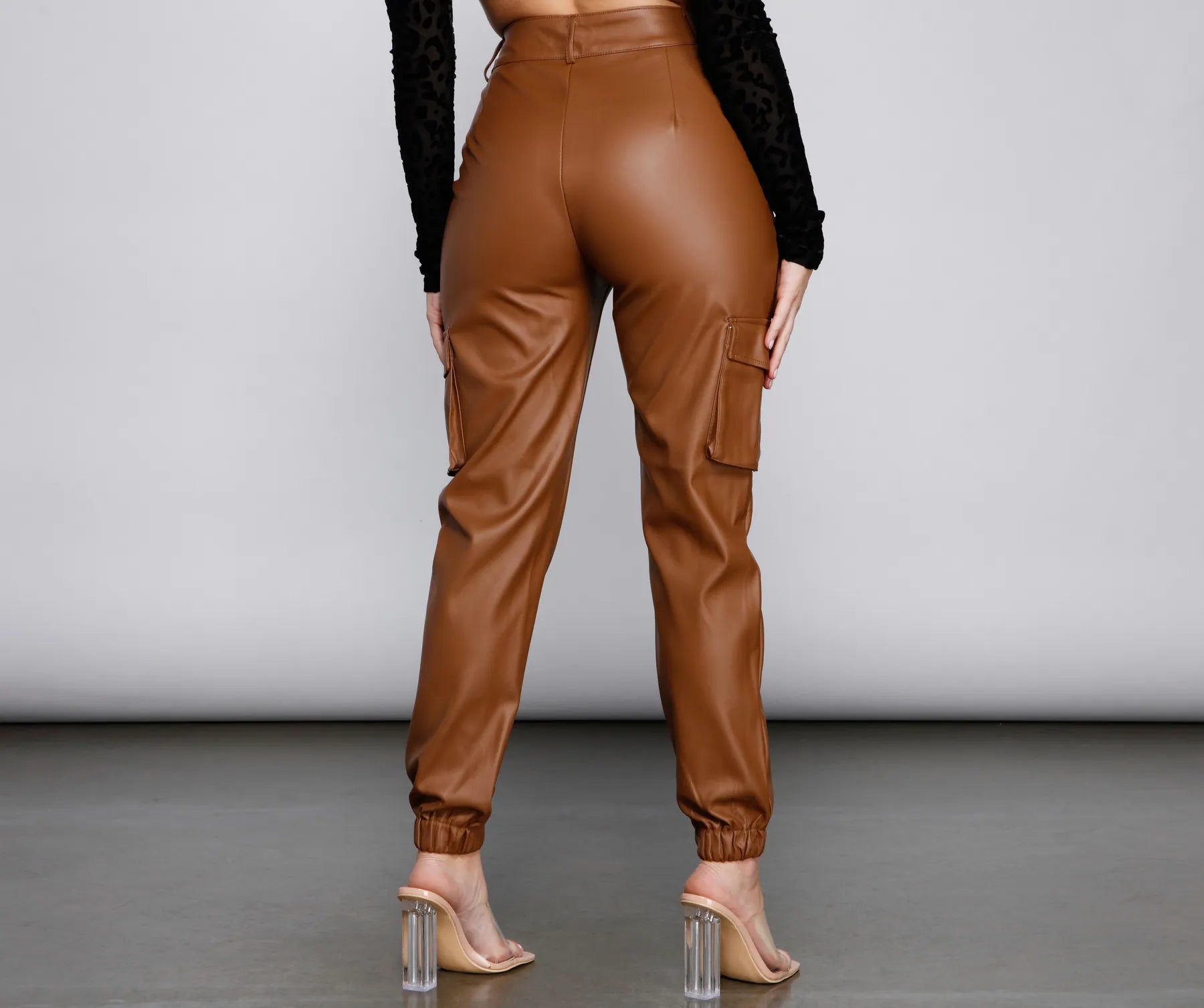 High Waist Faux Leather Cargo Pants