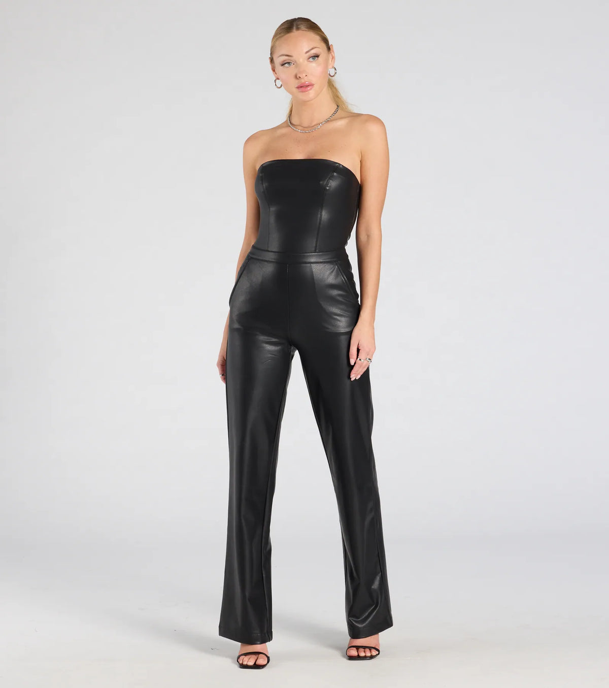 On The Low Strapless Wide-Leg Faux Leather Jumpsuit