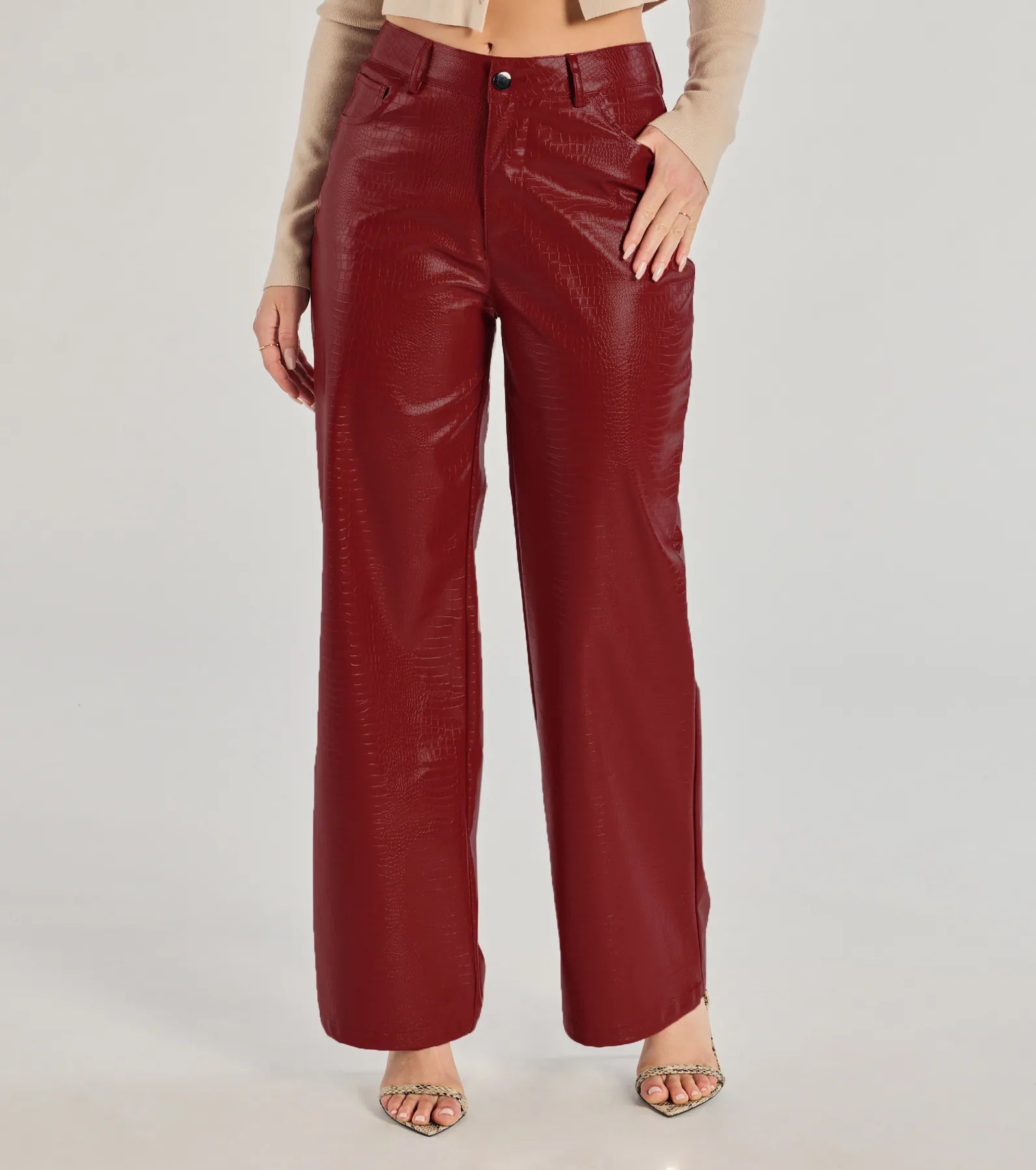 Chic Babe Faux Leather Croc-Embossed Wide-Leg Pants