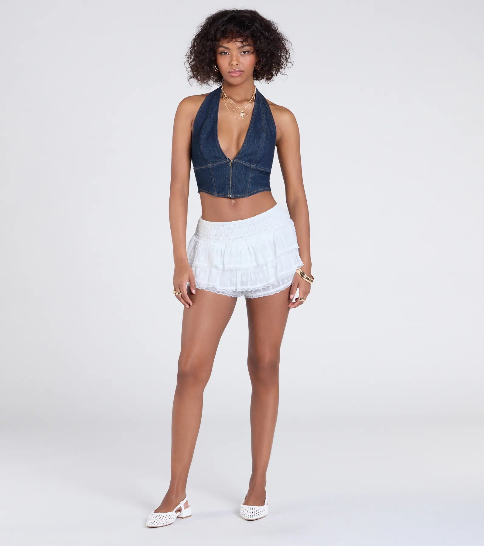 In For The Frills Mid-Rise Eyelet Ruffle Shorts