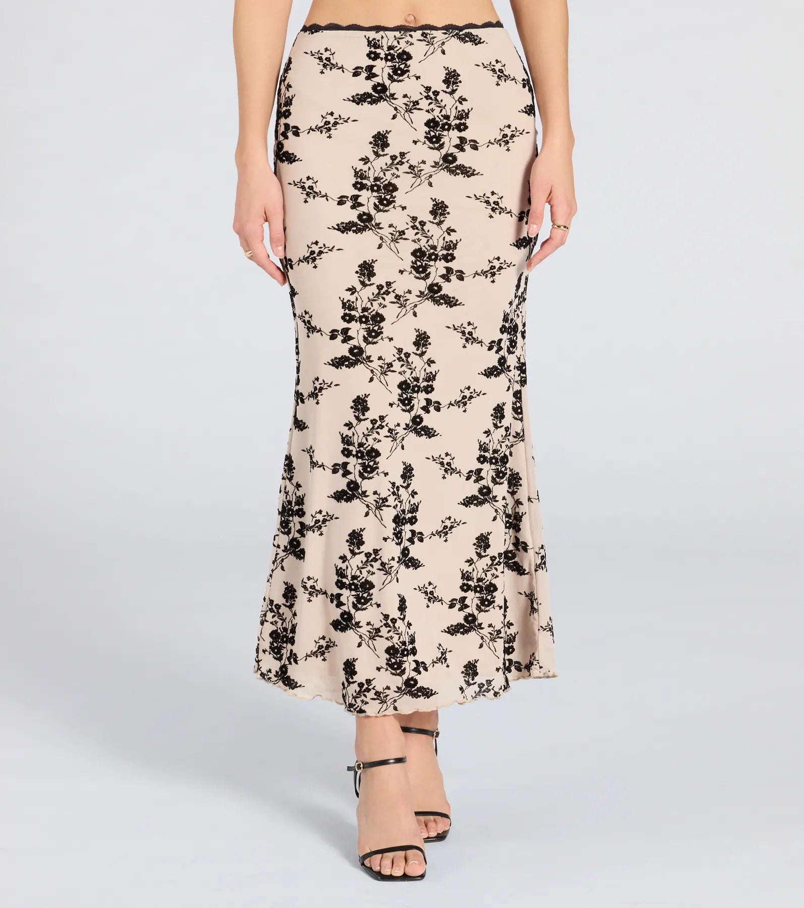 Flirt Alert Flocked Floral Mesh Maxi Skirt