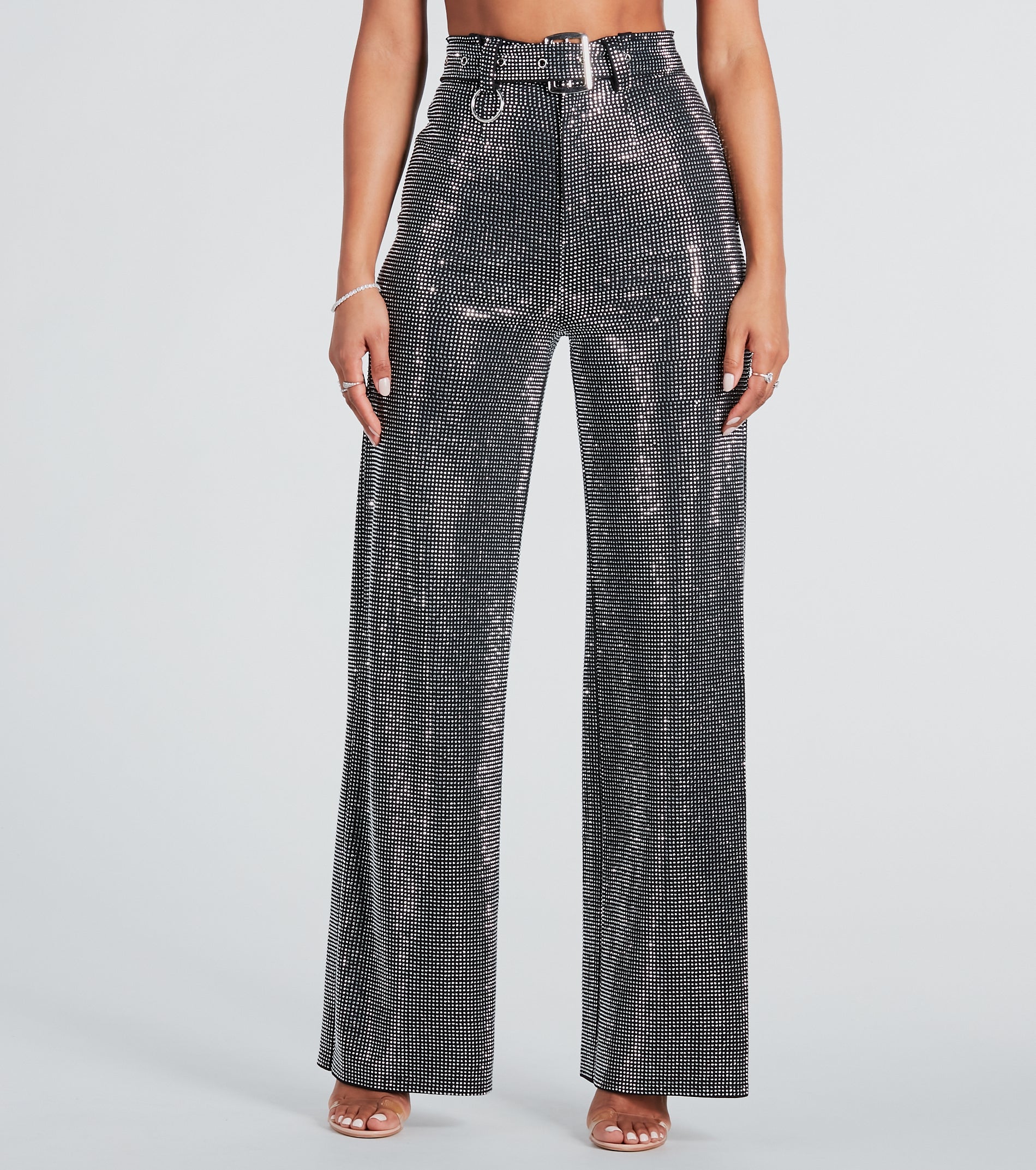 Gorgeous Bling Rhinestone Belted Wide-Leg Pants