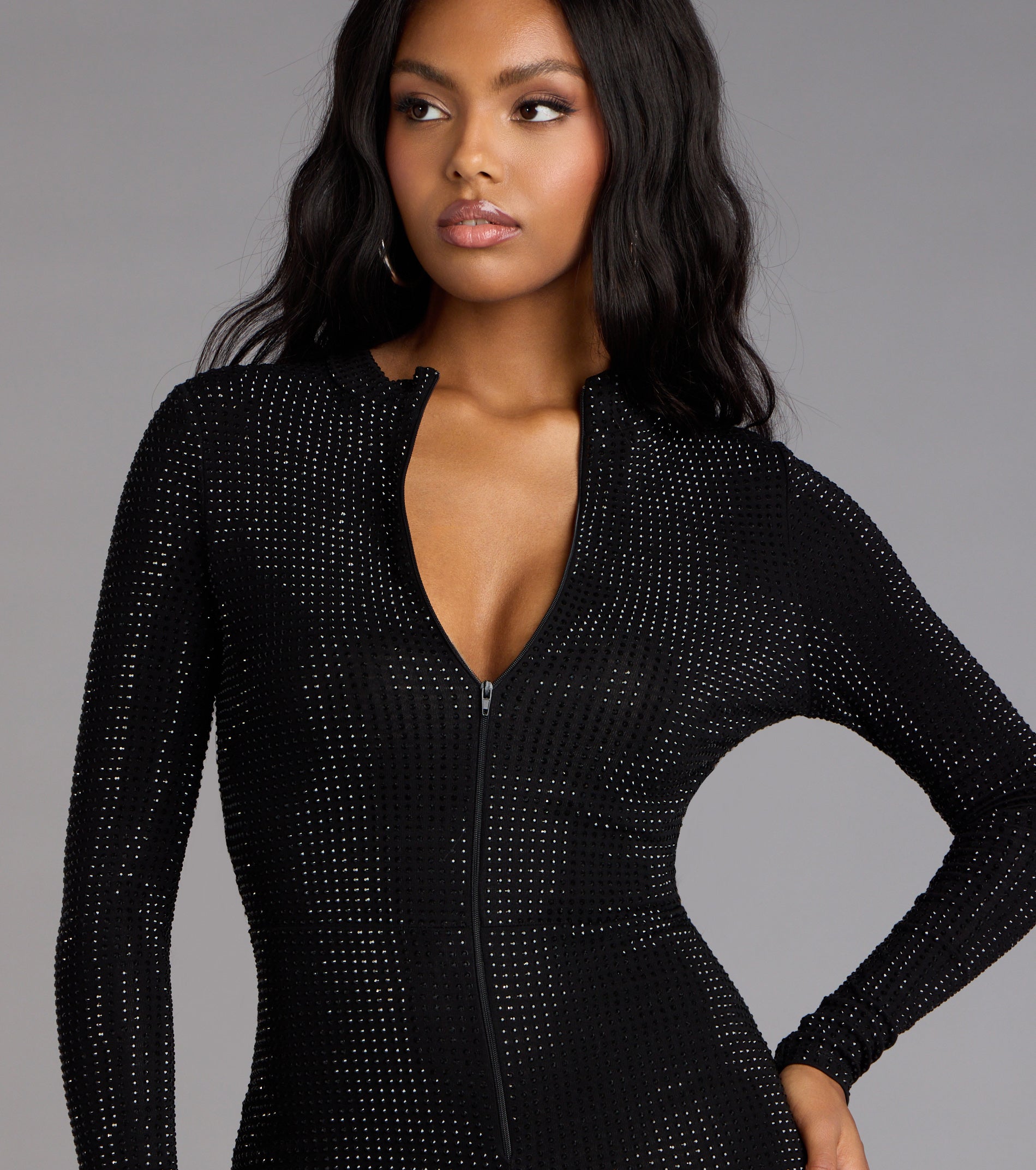 Sultry Sparkle Rhinestone Zip-Up Romper