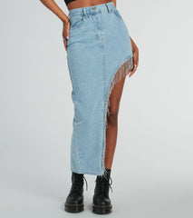 Glitzy Rhinestone Fringe High Slit Denim Maxi Skirt