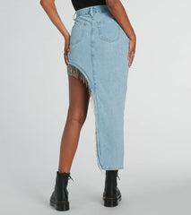 Glitzy Rhinestone Fringe High Slit Denim Maxi Skirt