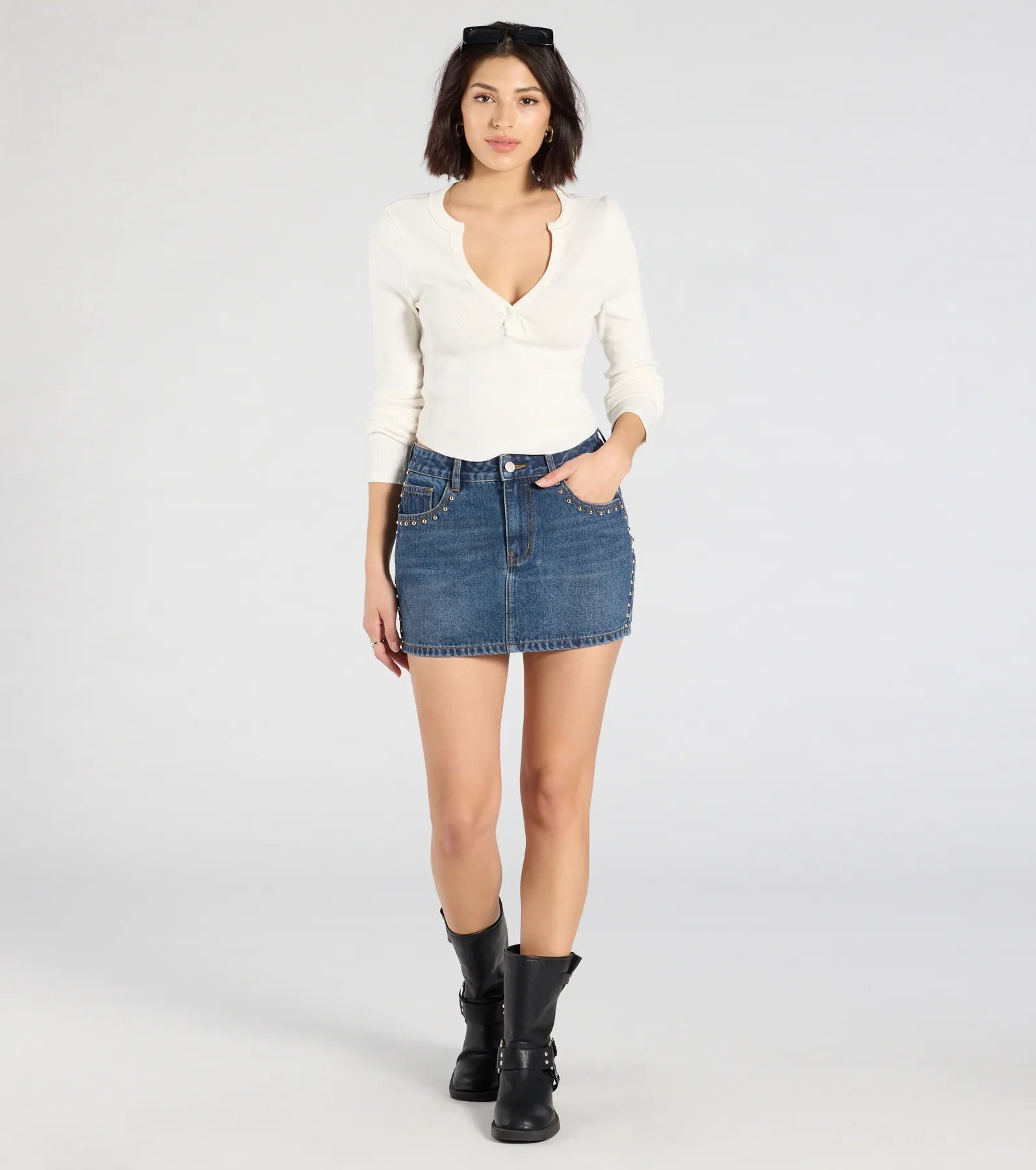 Tell Me About It Stud Mid Rise Denim Mini Skirt
