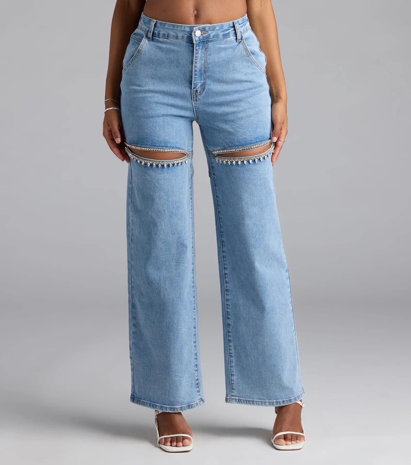 So Obsessed Rhinestone Cutout Straight Leg Denim Jeans
