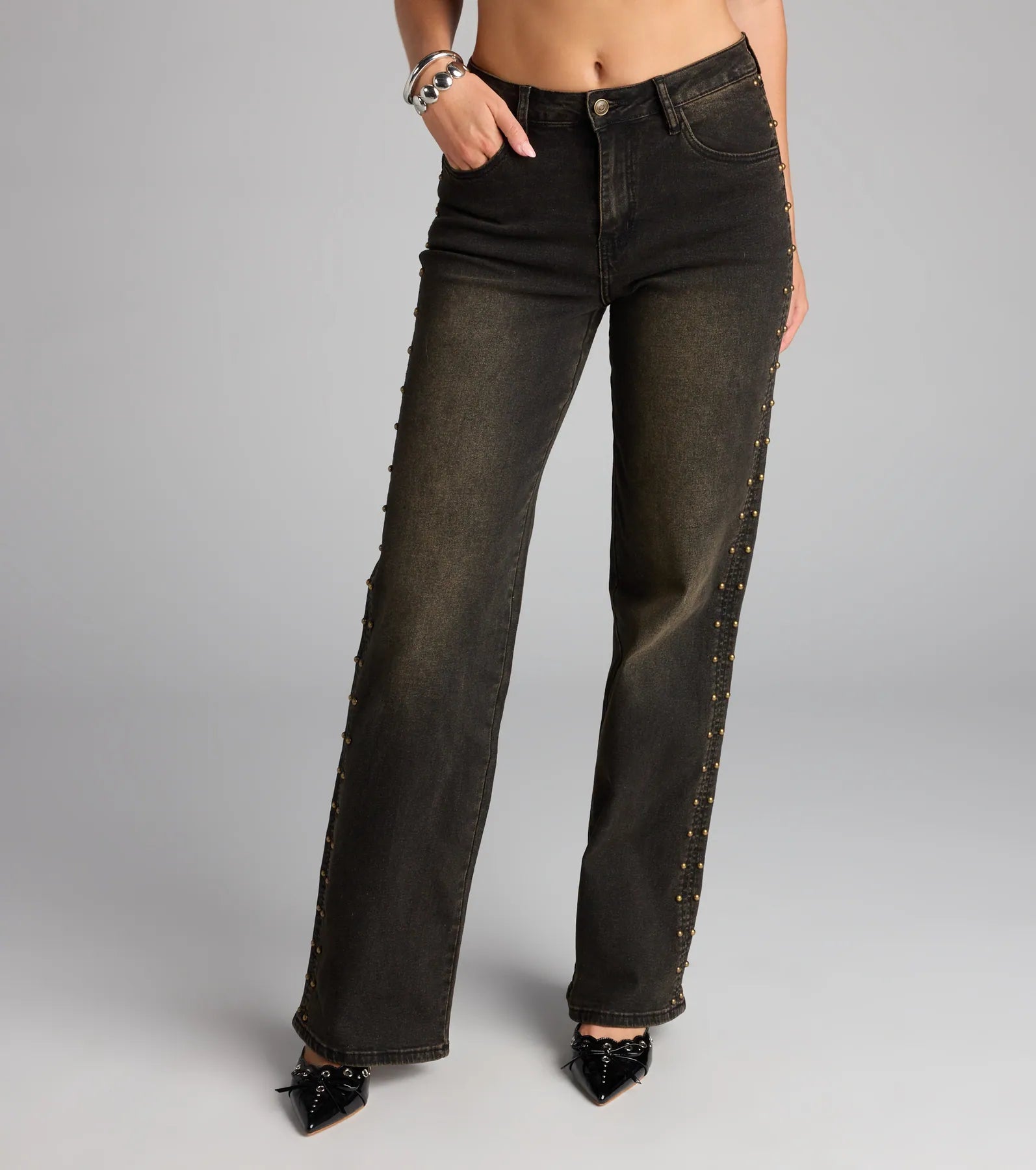 Studded and Snatched Straight Leg Denim Jeans