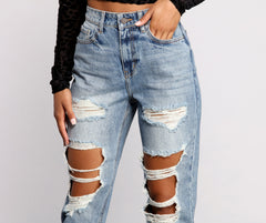 High Rise Distressed Straight Boyfriend Jeans