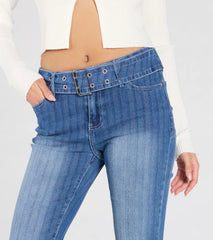 All Time Cute Mid-Rise Belted Flare Denim Jeans