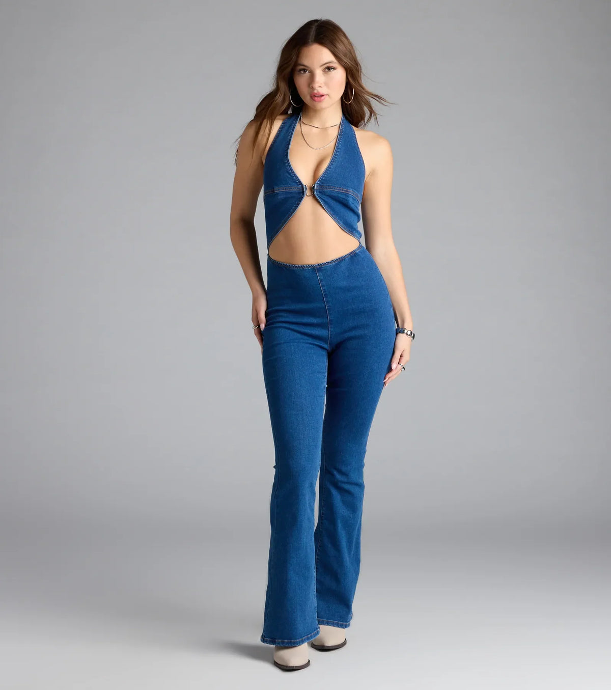 Season Premiere Halter Cutout Denim Jumpsuit