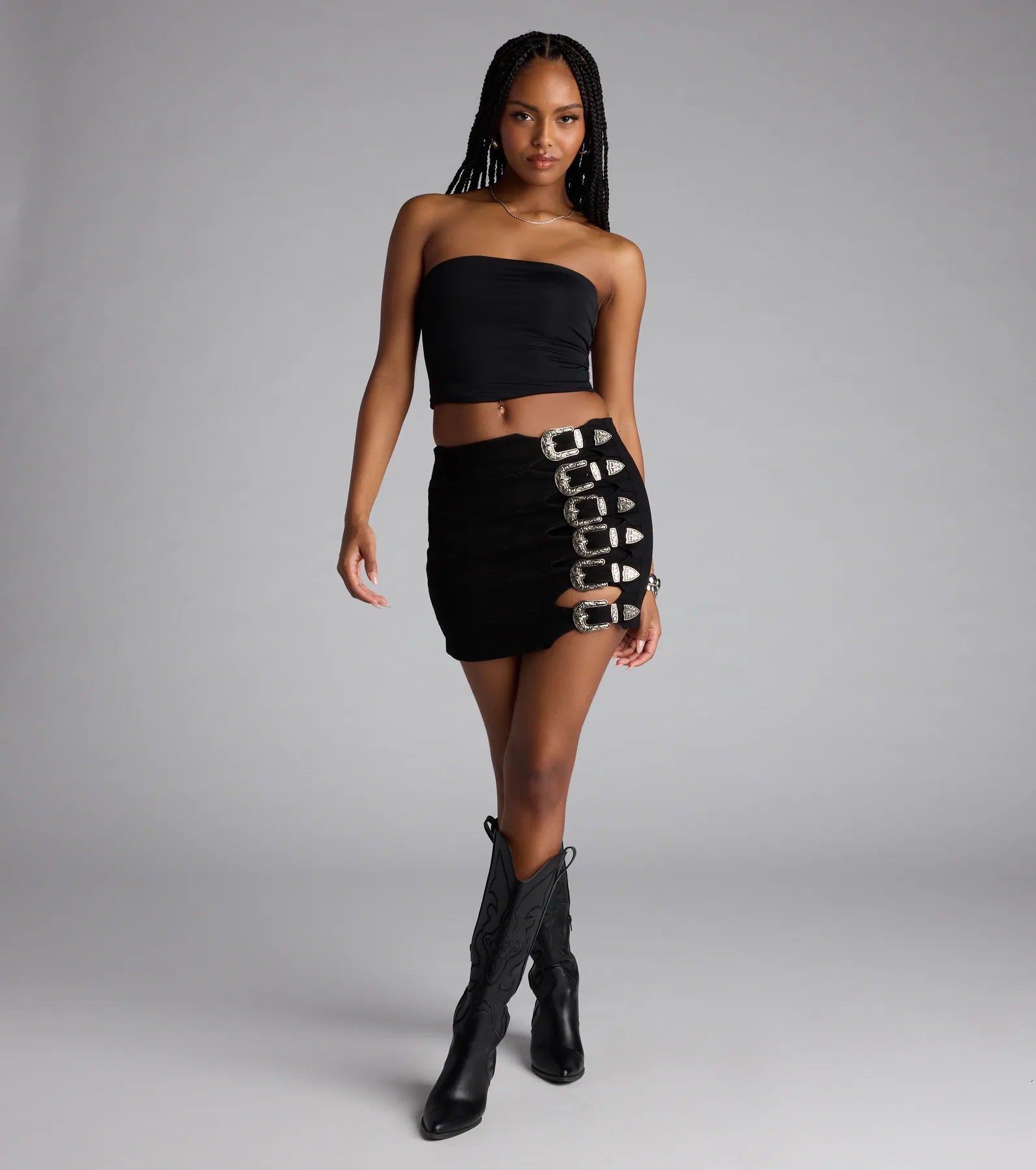 Buckle Down High-Rise Denim Skort