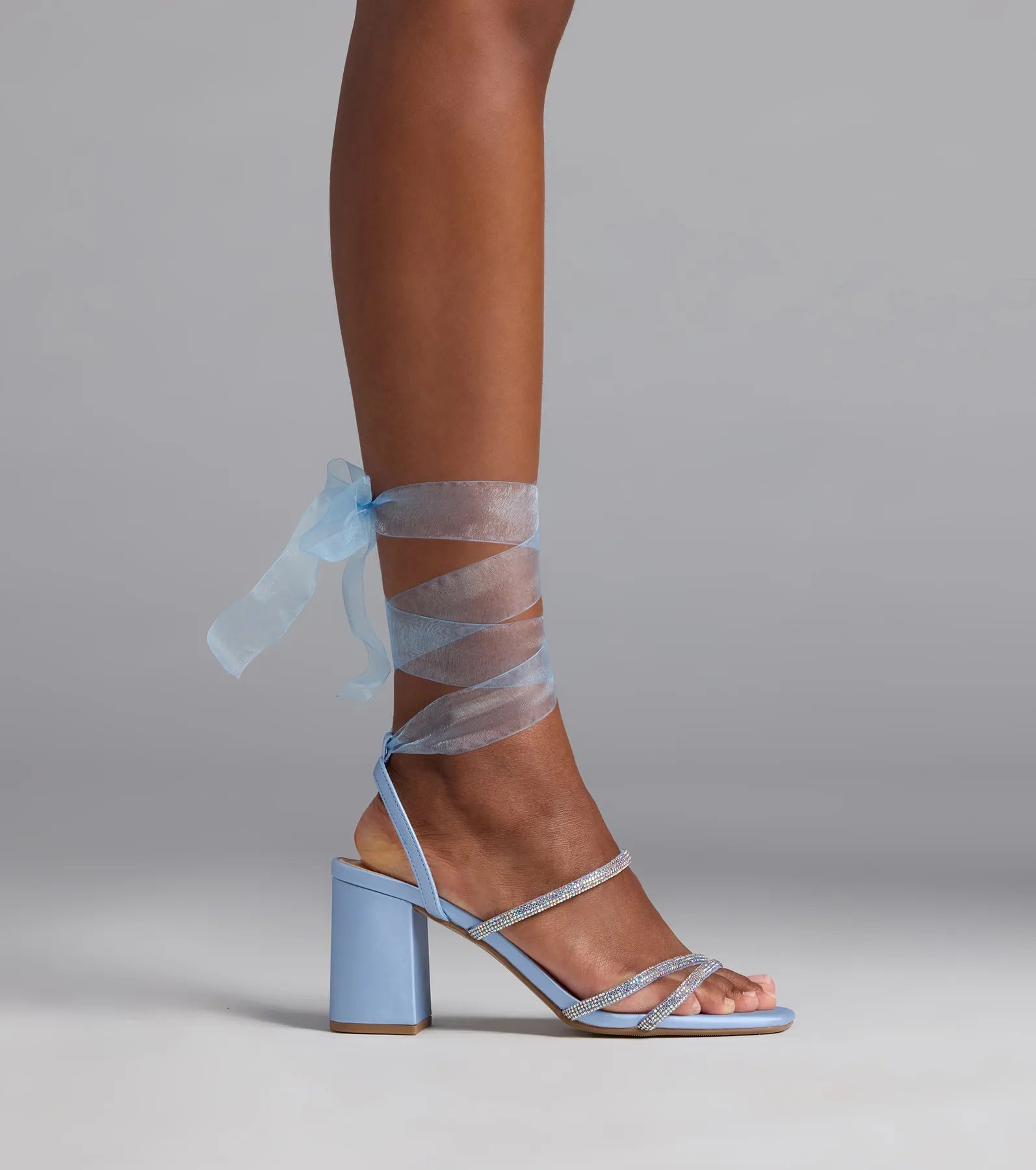 Stay Elegant Lace-Up Rhinestone Block Heels