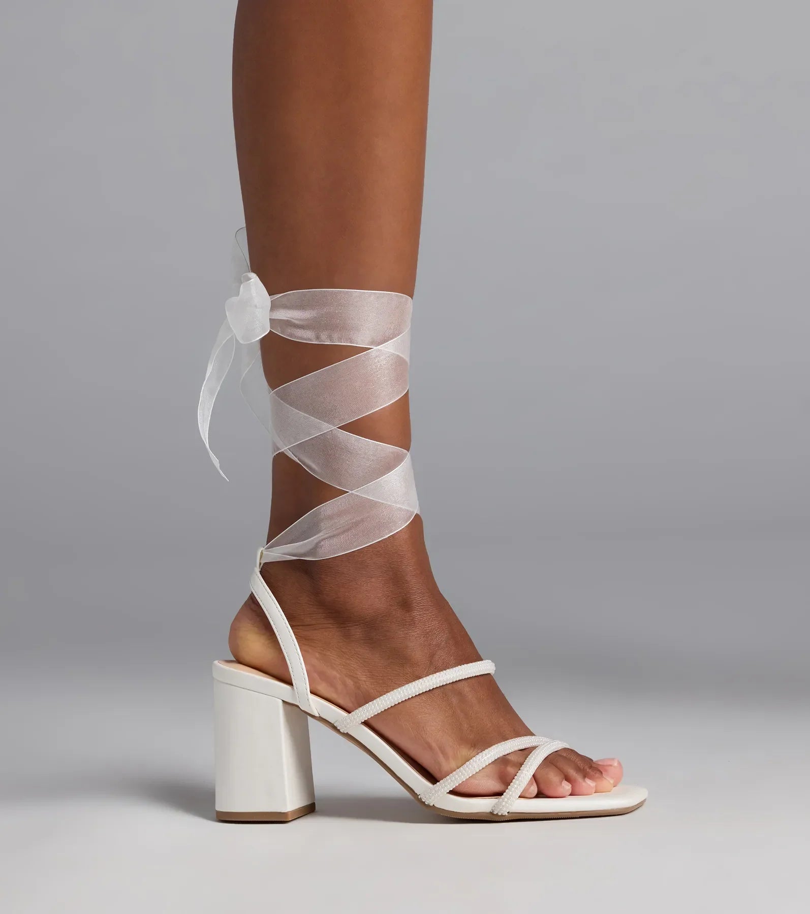 Stay Elegant Lace-Up Rhinestone Block Heels