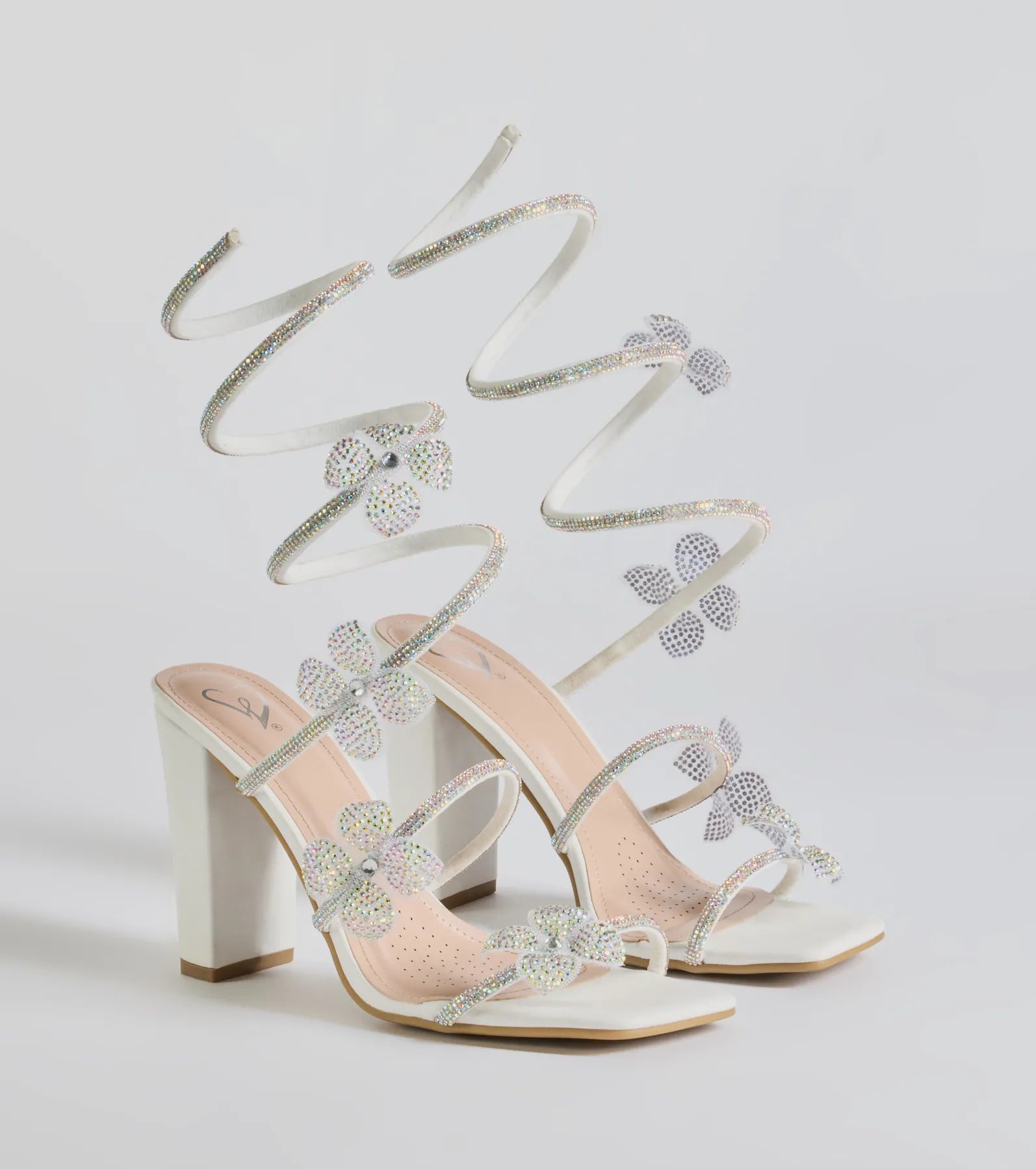 Major Beauty Rhinestone Floral Spiral Block Heels