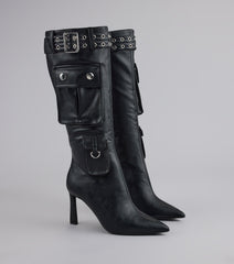 Hot on the Heist Buckled Pocket Stiletto Boots
